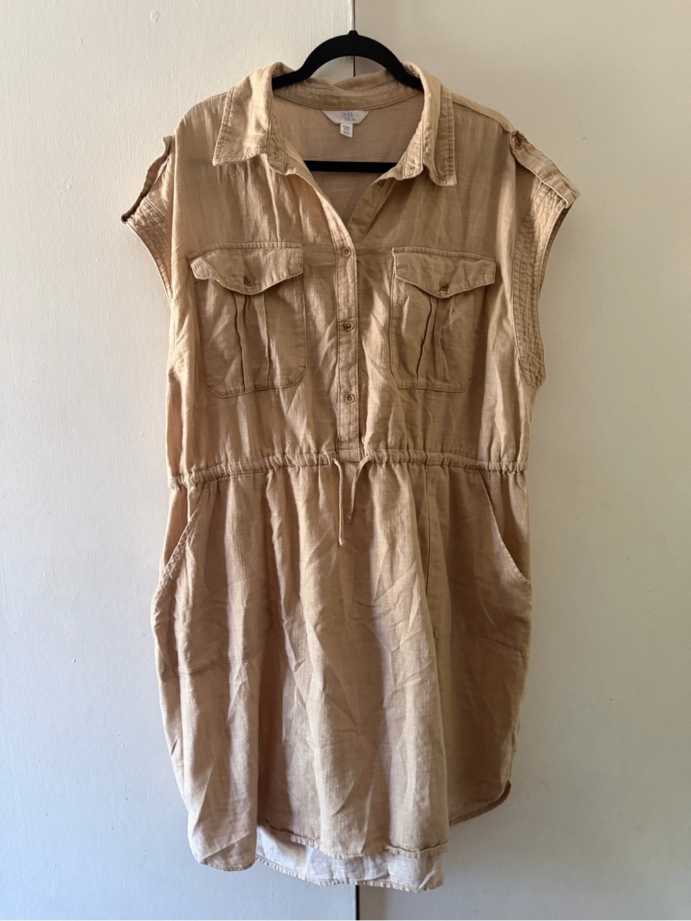 Time and Tru Sleeveless Drawstring Shirt Dress in Beige